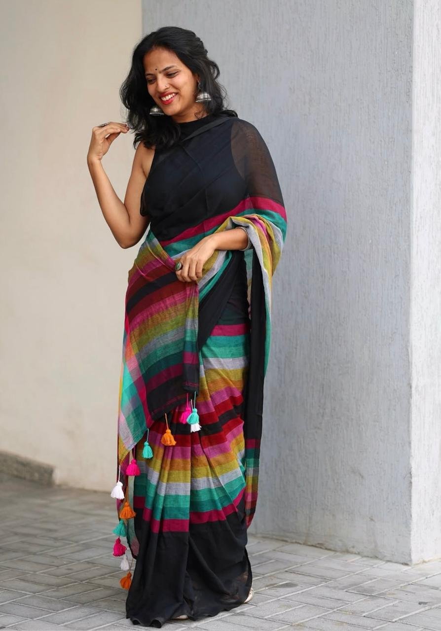 New Arrival Pure Lilan Silk Digital Print Saree with Tussles image 1