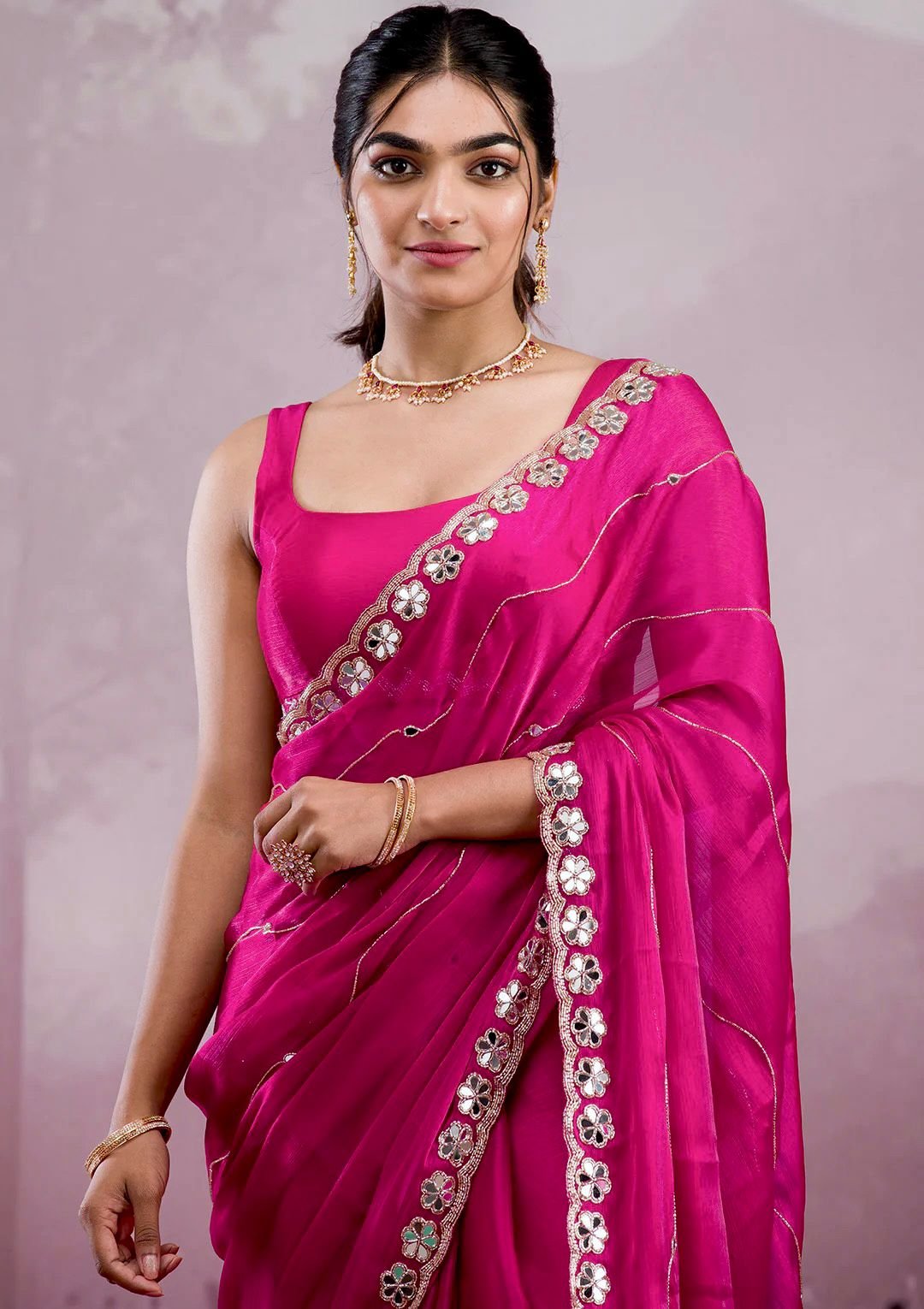 Elegant Burberry Silk Saree with Real Mirror & Embroidery Work image 0