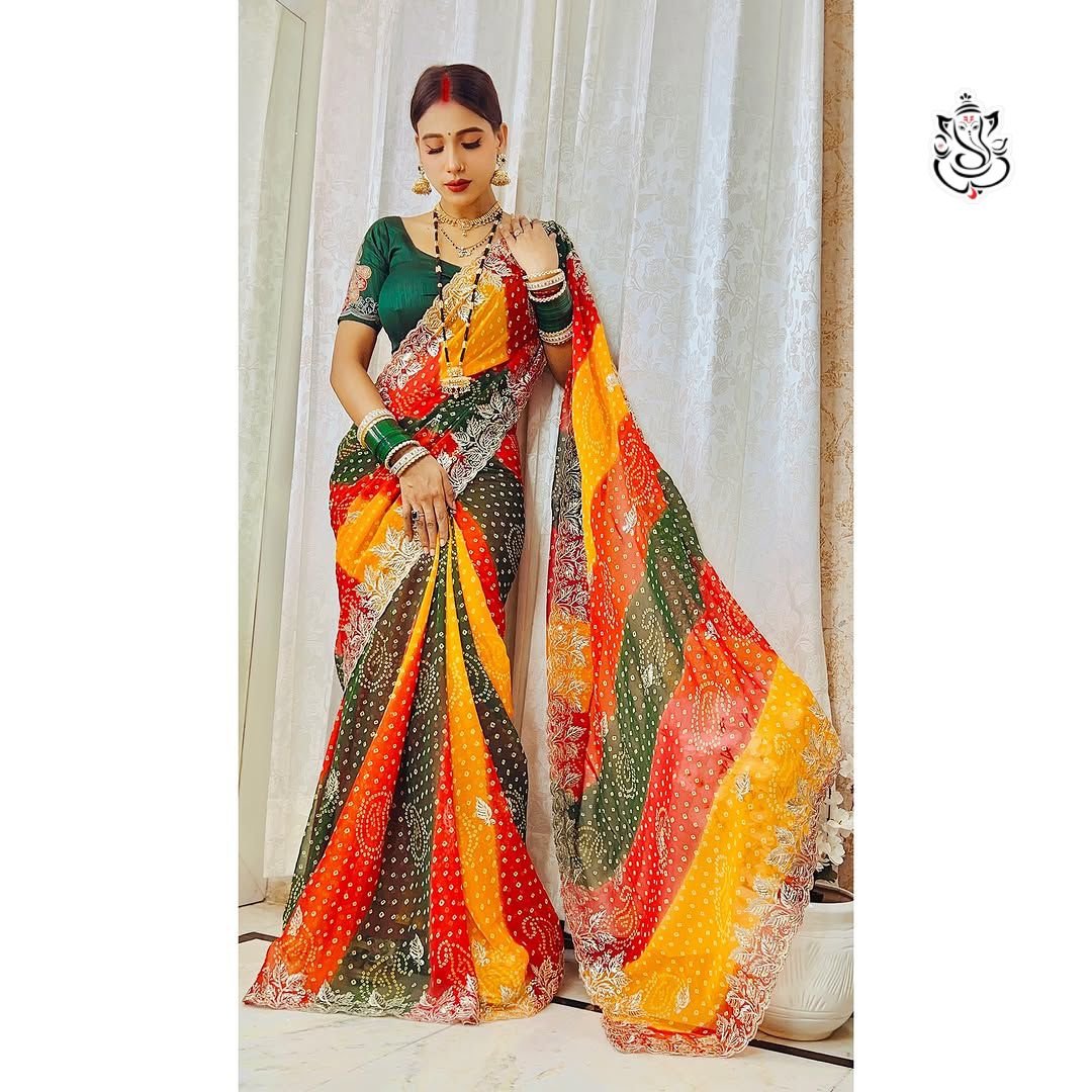 Trending Bandhini Print Soft Georgette Saree with Heavy C-Pallu Work image 0