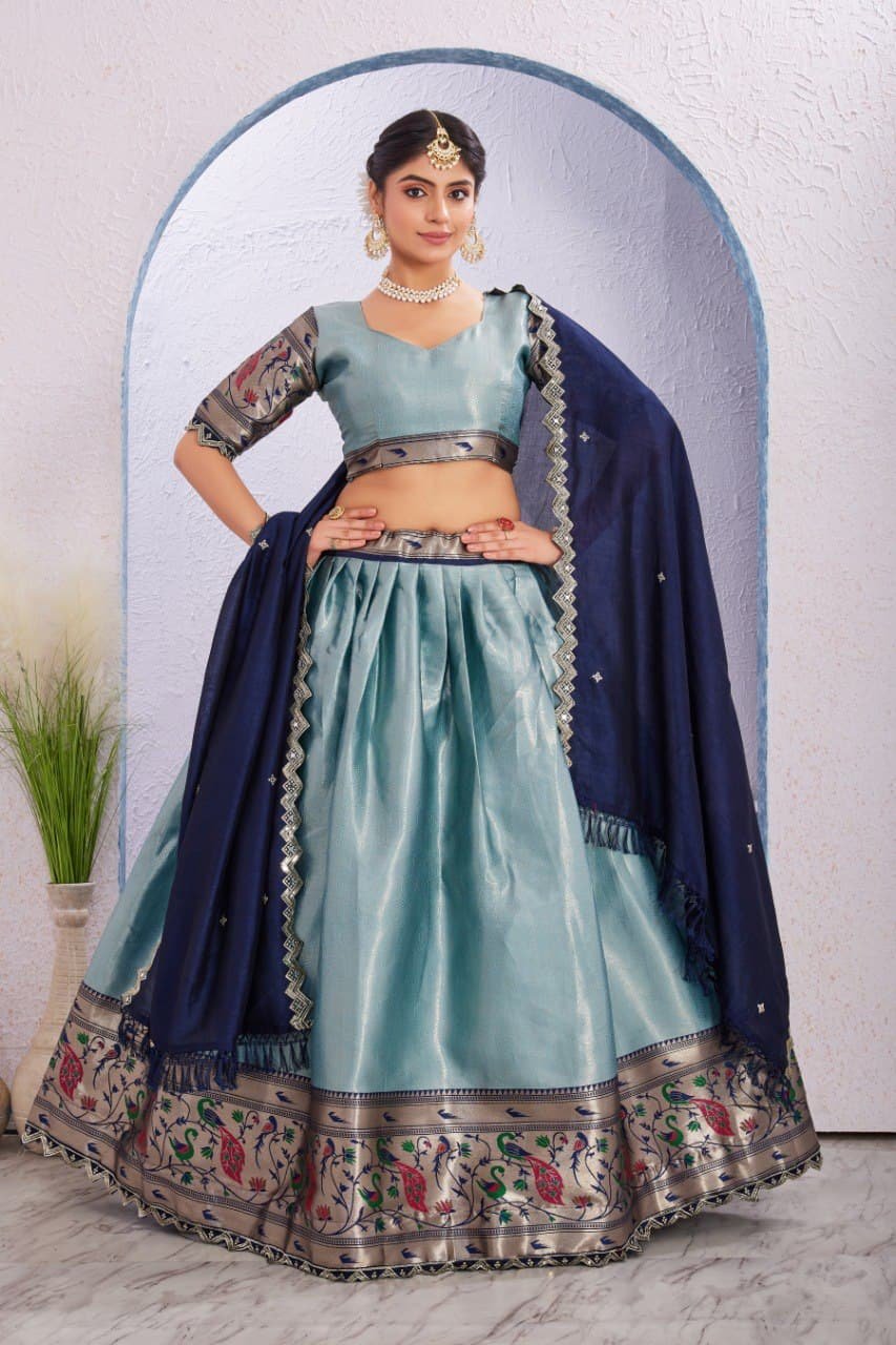 Morni Woven Jacquard Silk Lehenga Set with Embroidered Vichitra Silk Dupatta image 20