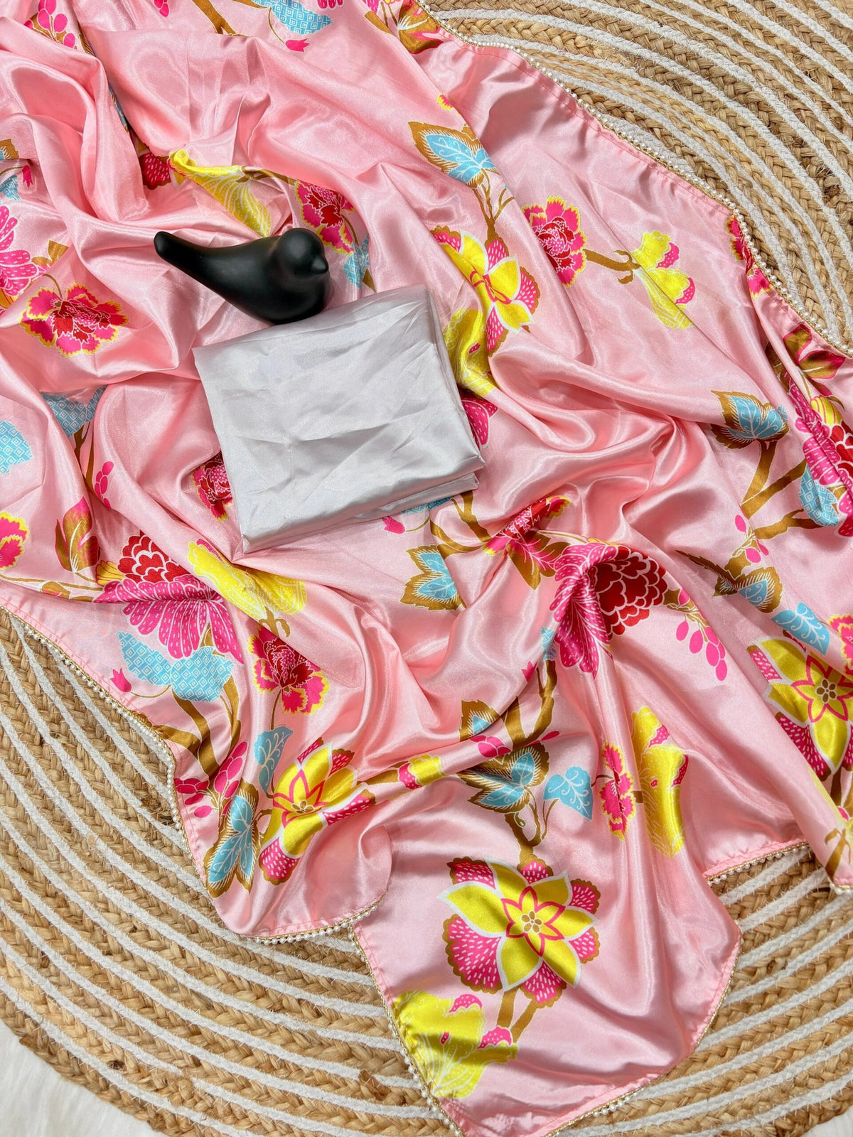 Japan Satin Silk Digital Print Saree with Moti Lace image 10