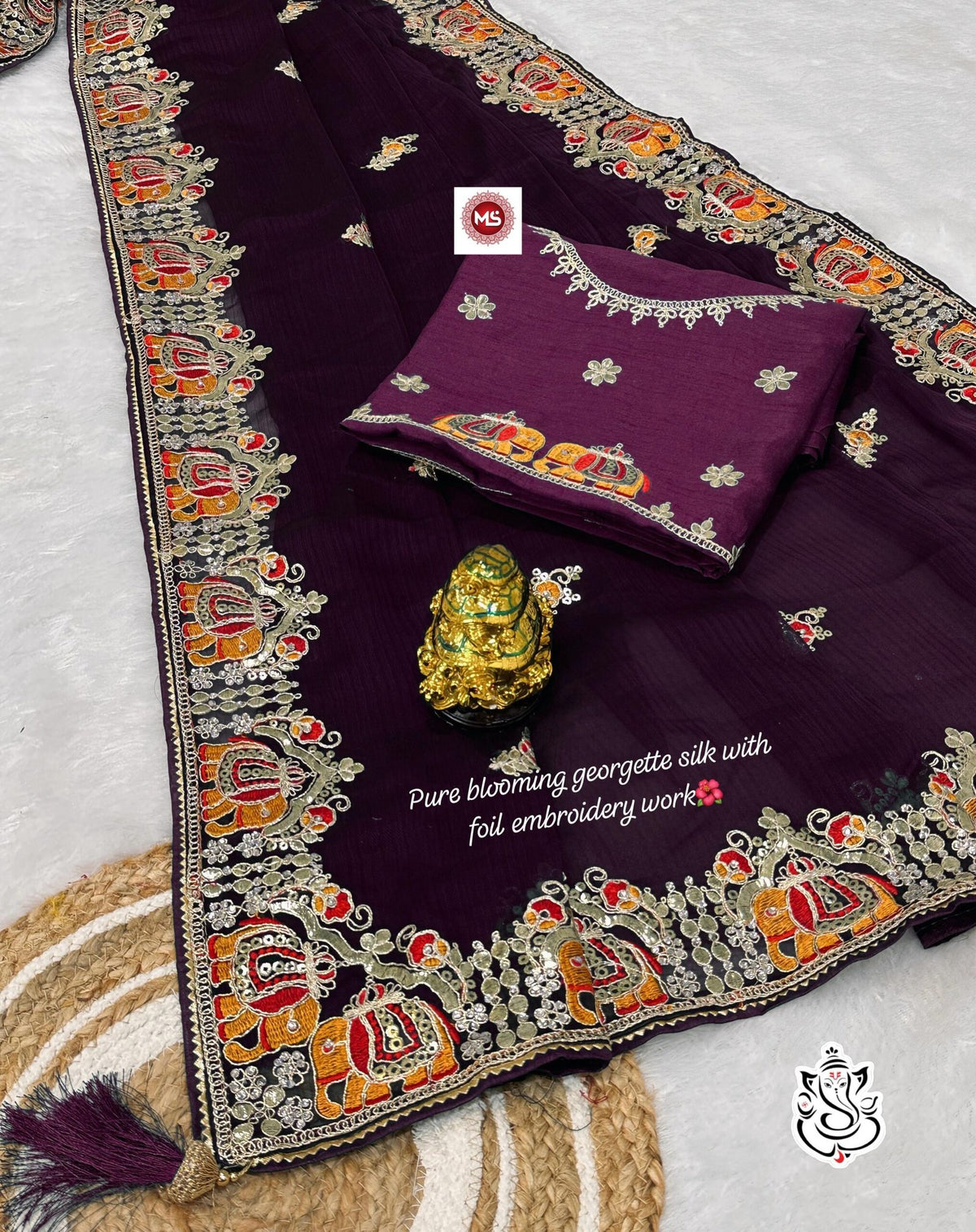 Heavy Silky Blooming Georgette Saree with Thread & Gotapatti Work + Banglori Work Blouse - Purple image