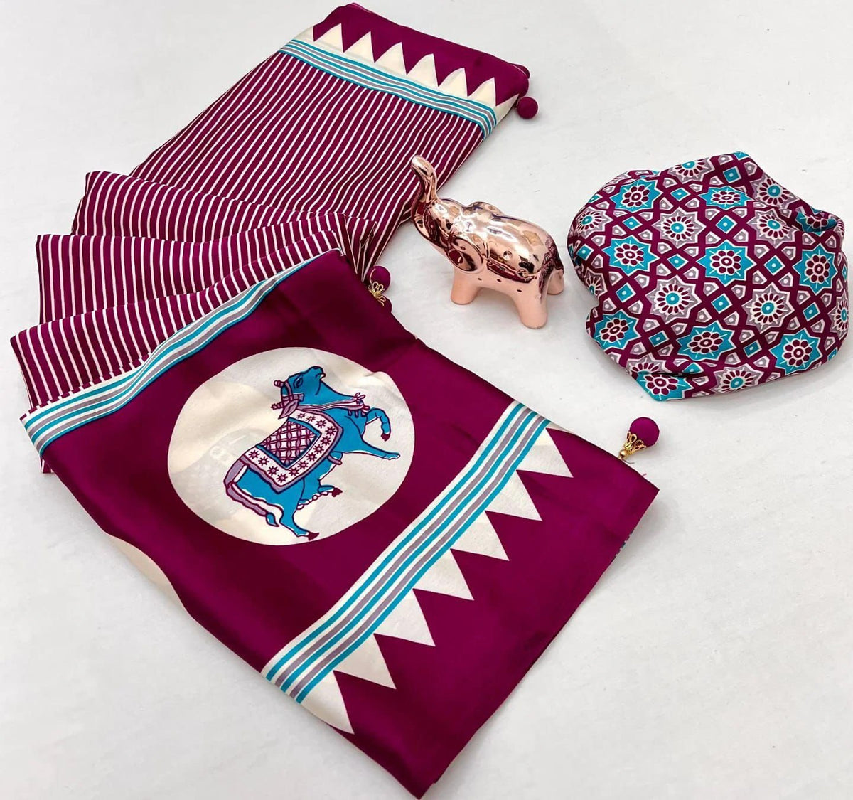 White Zebra – Premium Japan Satin Patola Ajrakh Print Saree - Wine Purple image