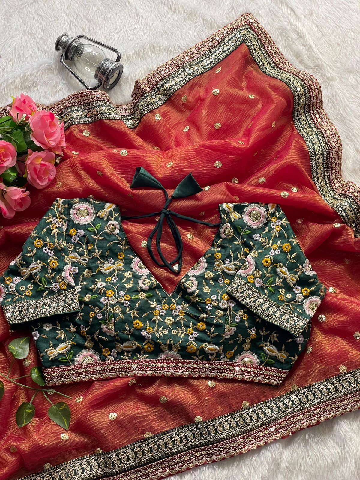 AAROHI Premium Banarasi Crush Saree with Multithread Sequins Butta & Embroidered Blouse image 3