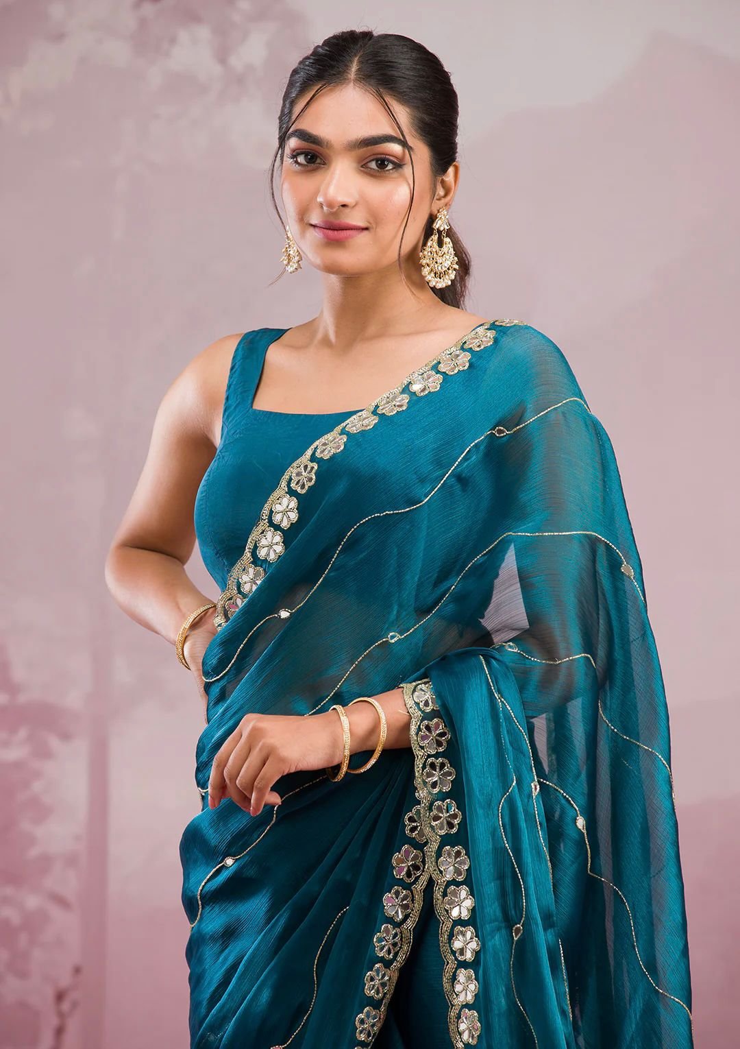 Elegant Burberry Silk Saree with Real Mirror & Embroidery Work - Teal Blue image