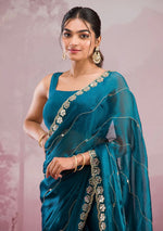 Elegant Burberry Silk Saree with Real Mirror & Embroidery Work - Teal Blue image