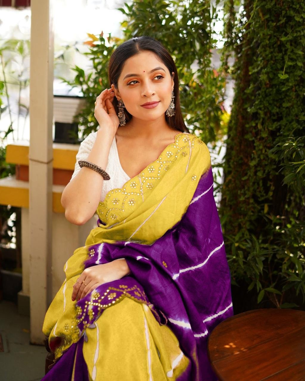 Plain Linen Saree with Mirror & Digital Print Work + Bangalory Satin Blouse - Mustard Yellow image