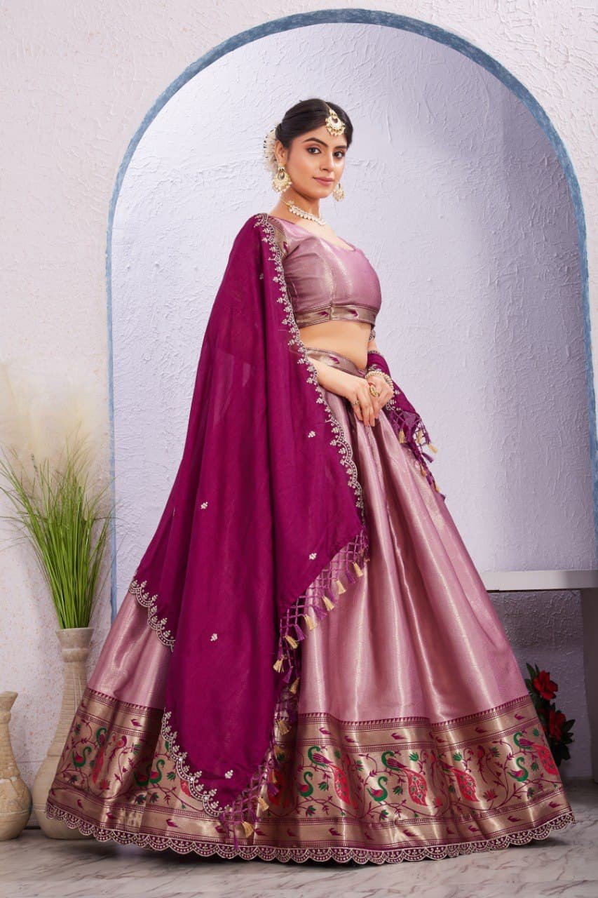 Morni Woven Jacquard Silk Lehenga Set with Embroidered Vichitra Silk Dupatta image 13