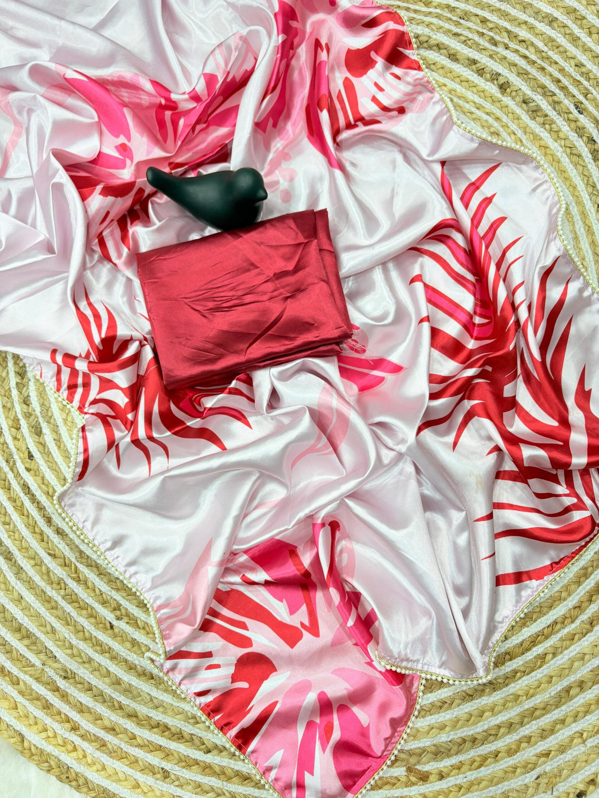 Japan Satin Silk Digital Print Saree with Moti Lace image 6