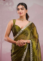 Elegant Burberry Silk Saree with Real Mirror & Embroidery Work - Olive Green image