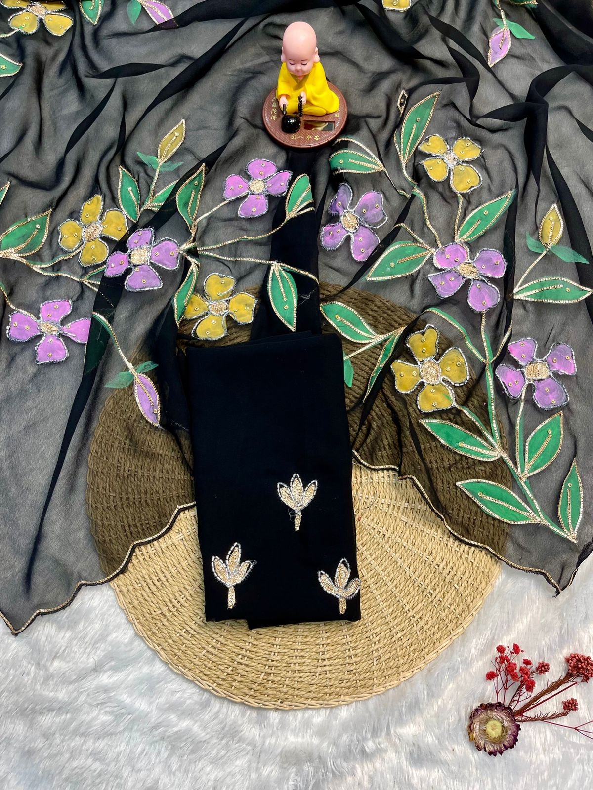 Vanshi Blooming Georgette Saree with Floral Brush Print, Handwork & Khatli Border image 7