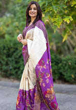 Elegant Linen Saree with Gold Jari 5×5 Border & Digital Print image 3