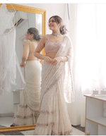 Elegant Maheshwari Georgette Saree with Zari Butta, Ruffles & Mirror Work image 1