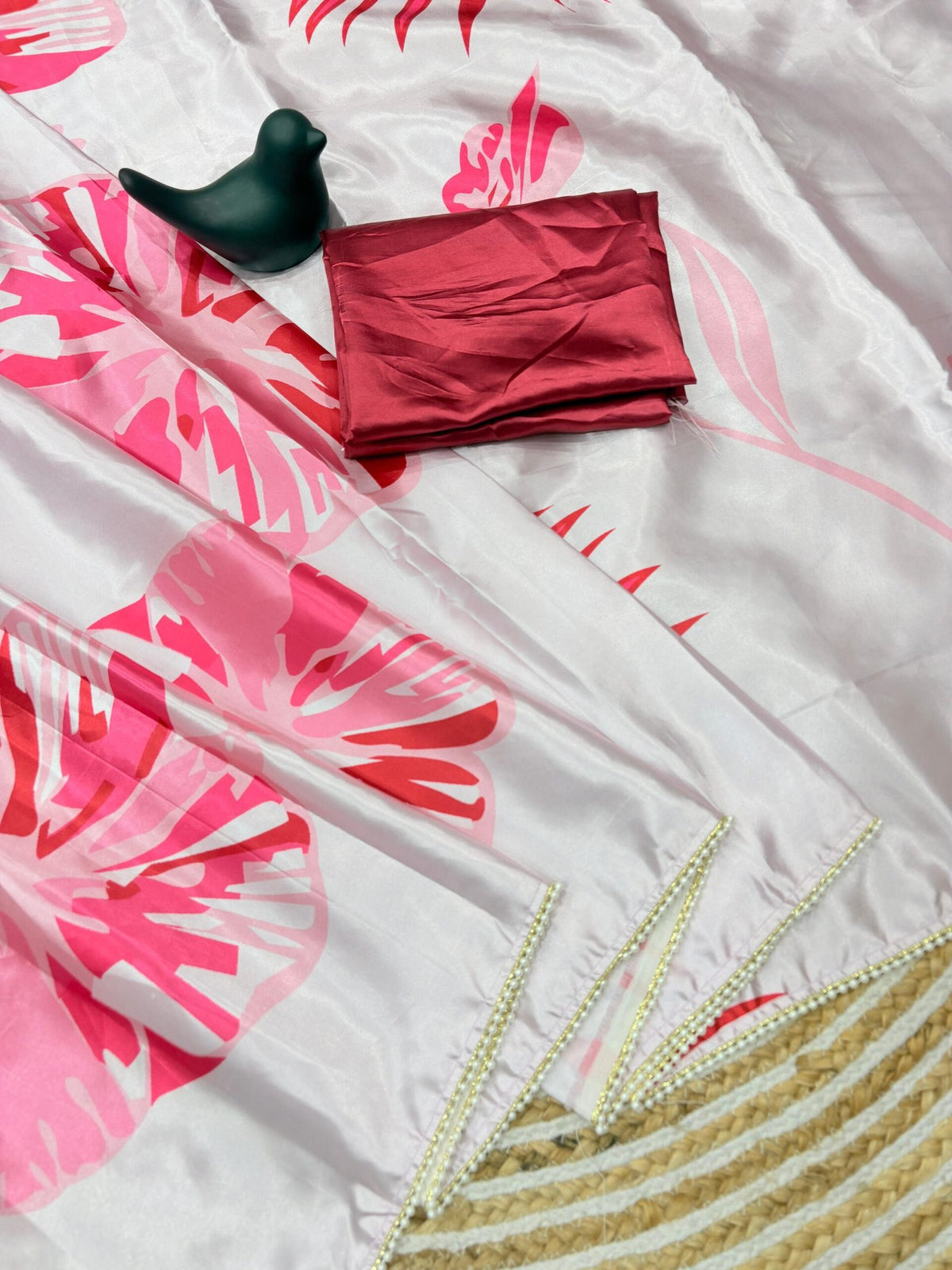 Japan Satin Silk Digital Print Saree with Moti Lace image 4