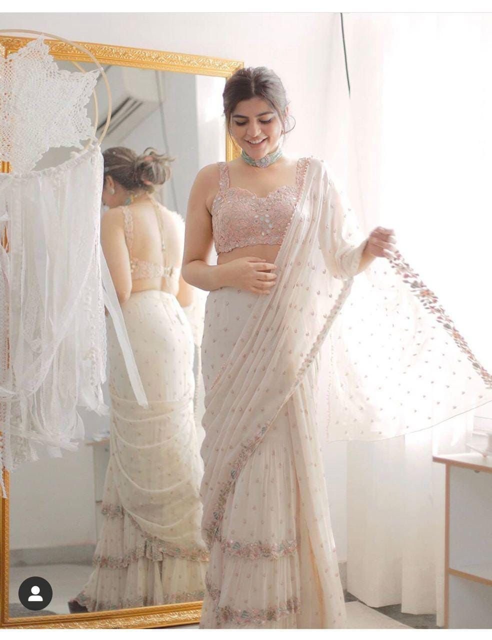 Elegant Maheshwari Georgette Saree with Zari Butta, Ruffles & Mirror Work image 0