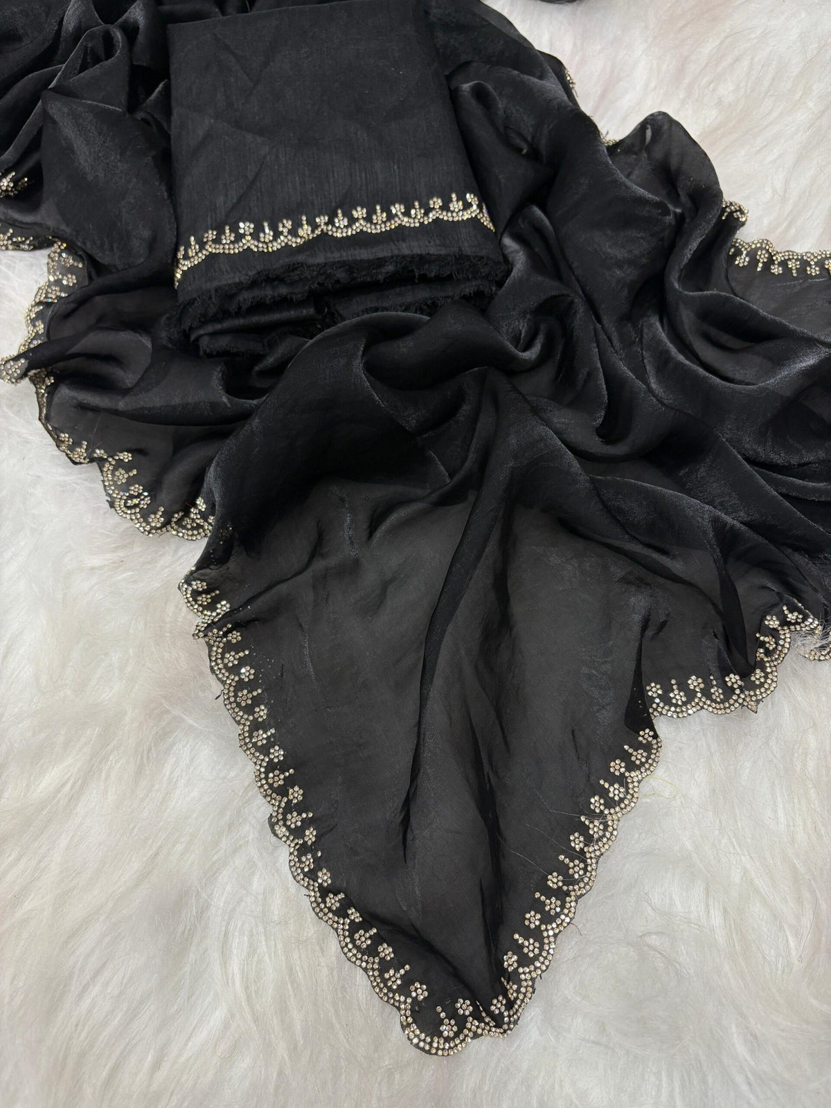 Stunning Pink Satin Space Silk Saree with Original Jarkhan Diamond Work – Perfect for Sangeet & Cocktail Nights image 18