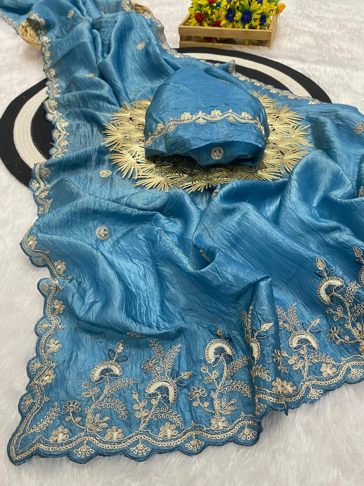Gold Crush Designer Saree with Silver Embroidery & Sequin Work | Embroidered Blouse | Premium Ethnic Wear image 7