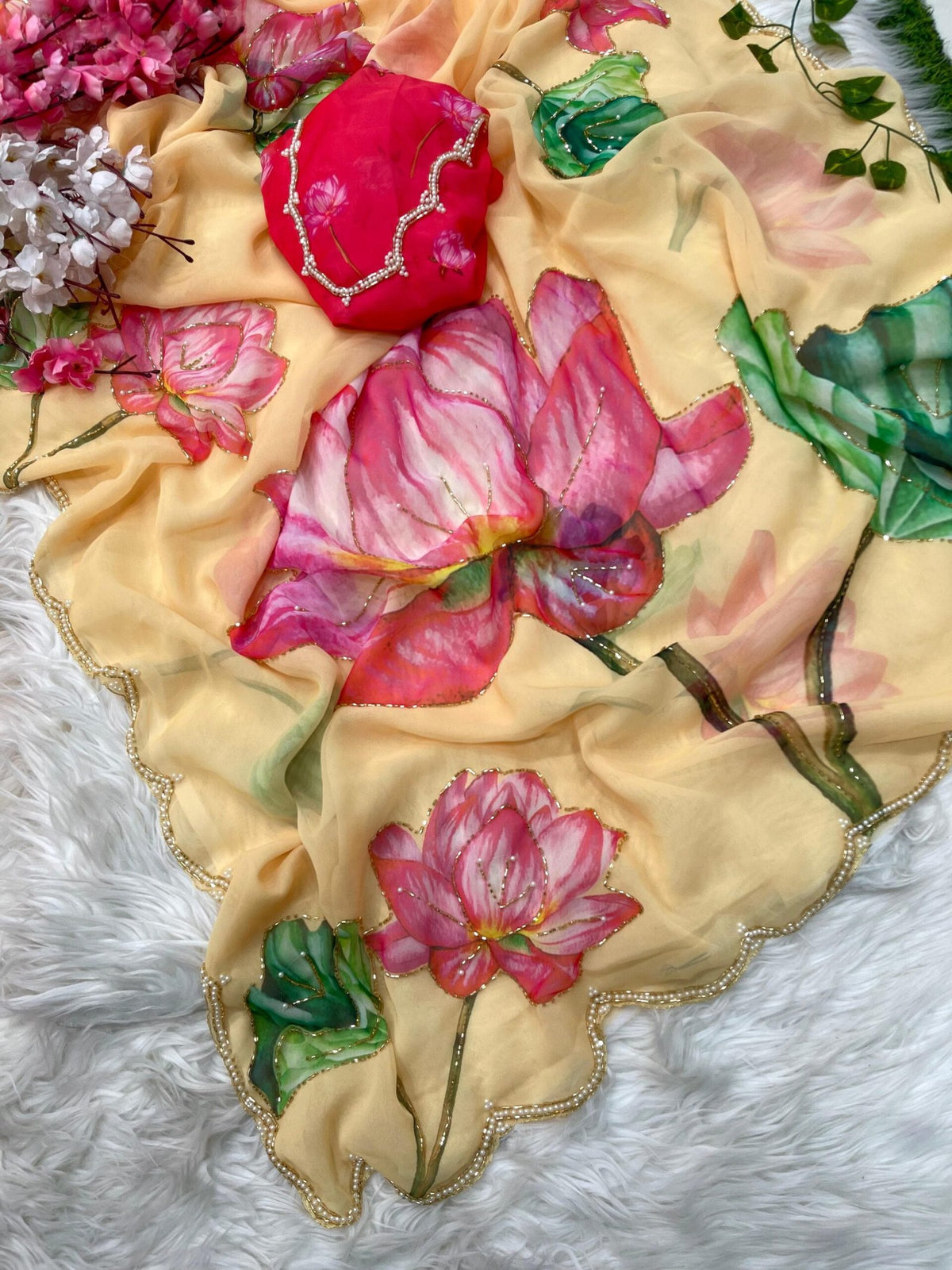 Soft Georgette Saree with Floral Prints & Double Cutdana Moti Border image 8