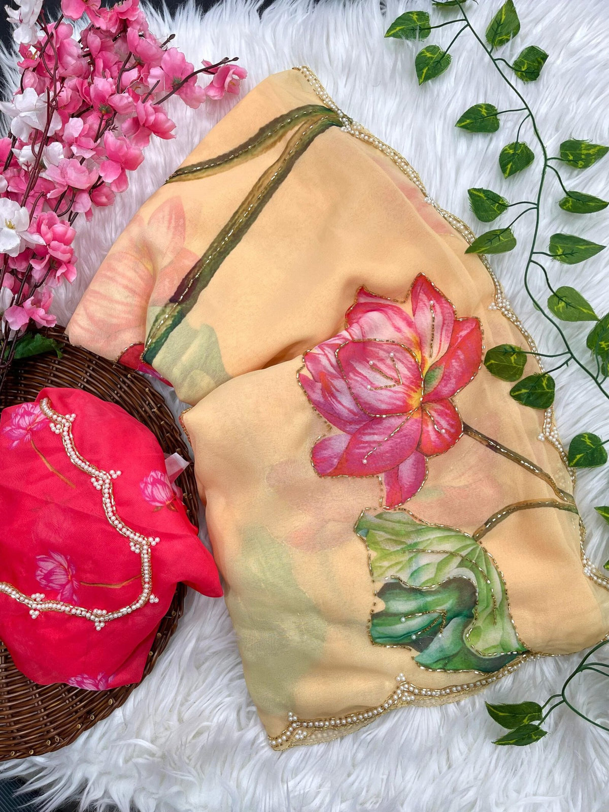 Soft Georgette Saree with Floral Prints & Double Cutdana Moti Border image 7