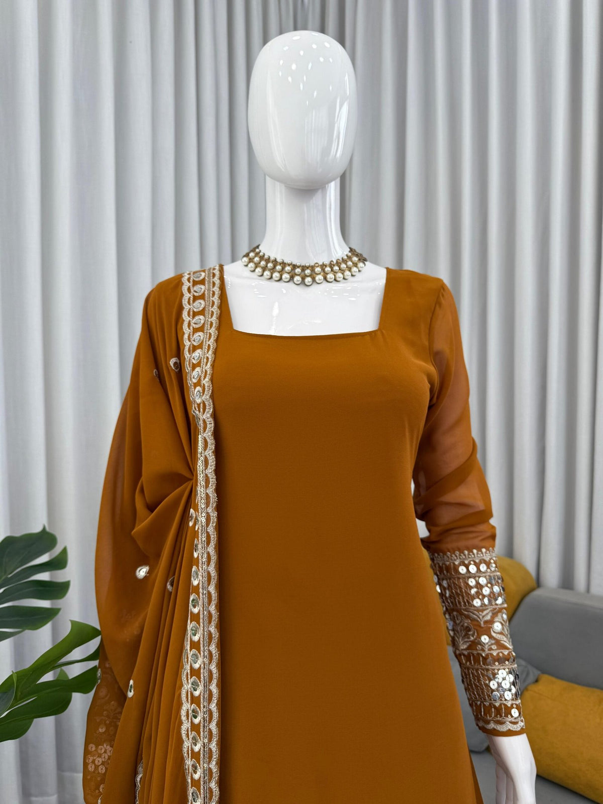 Elegant Foux Georgette Top-Sharara-Dupatta Set with Thread & 9mm Sequence Work image 6