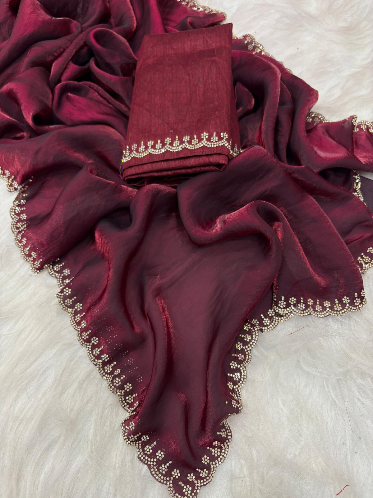 Stunning Pink Satin Space Silk Saree with Original Jarkhan Diamond Work – Perfect for Sangeet & Cocktail Nights image 8