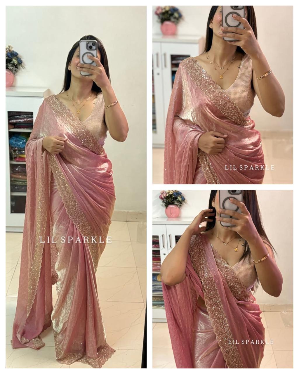 Tamanah Fendi Space Silk Saree with All-Over Jarkhan Work | Running Embroidered Blouse | Designer Party & Festive Wear