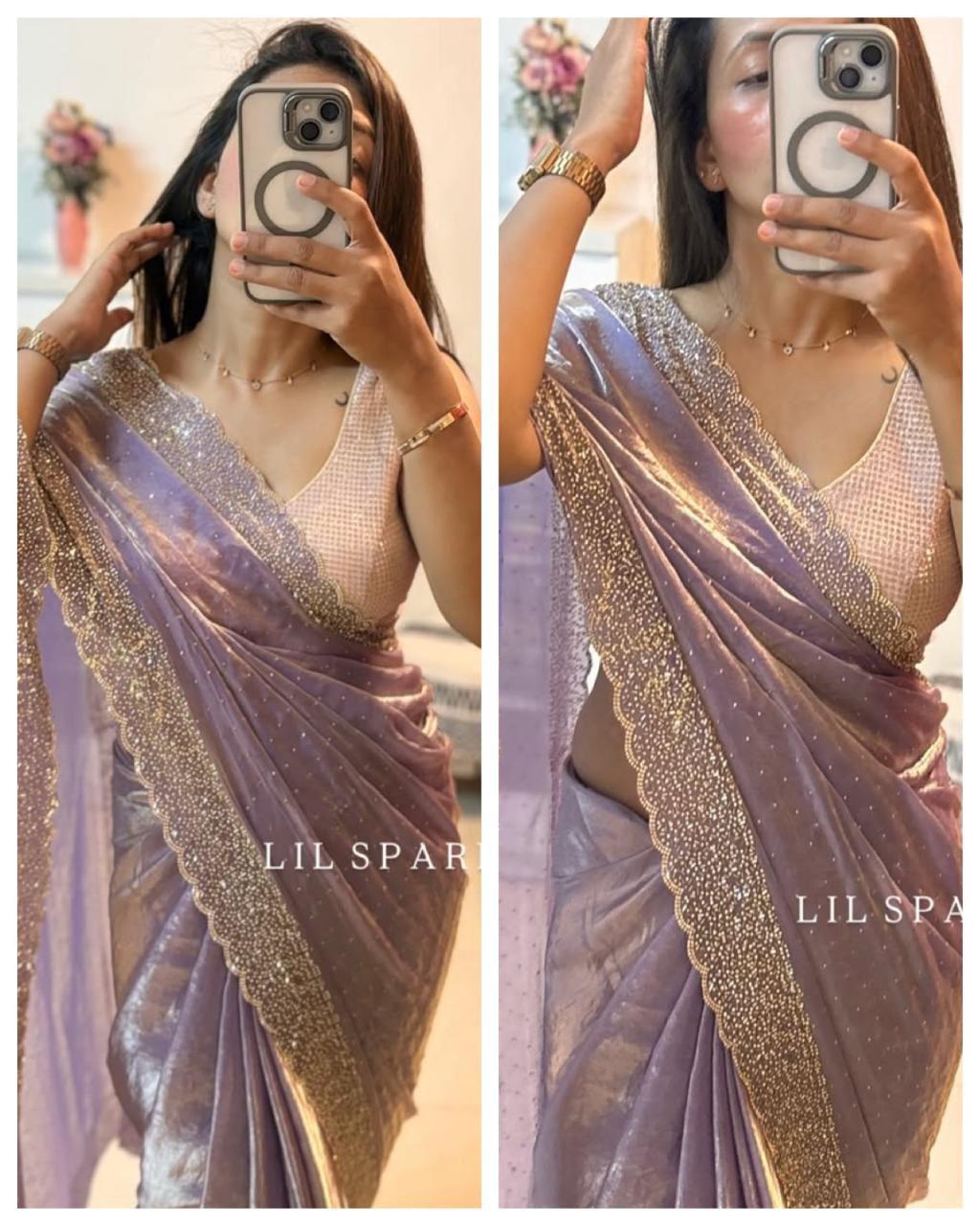 Tamanah Fendi Space Silk Saree with All-Over Jarkhan Work | Running Embroidered Blouse | Designer Party & Festive Wear