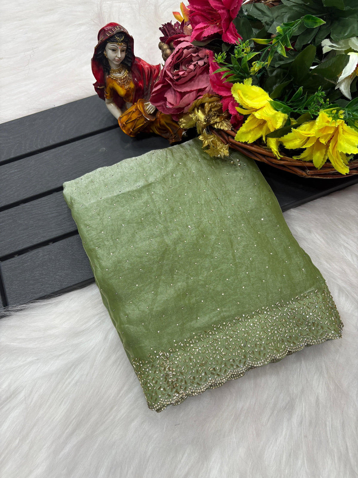 Tamanah Fendi Space Silk Saree with All-Over Jarkhan Work | Running Embroidered Blouse | Designer Party & Festive Wear
