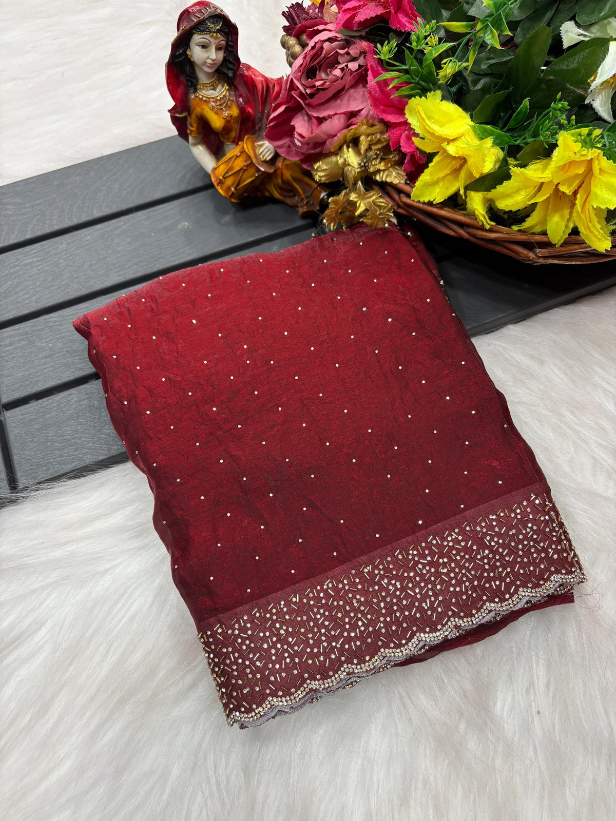 Tamanah Fendi Space Silk Saree with All-Over Jarkhan Work | Running Embroidered Blouse | Designer Party & Festive Wear