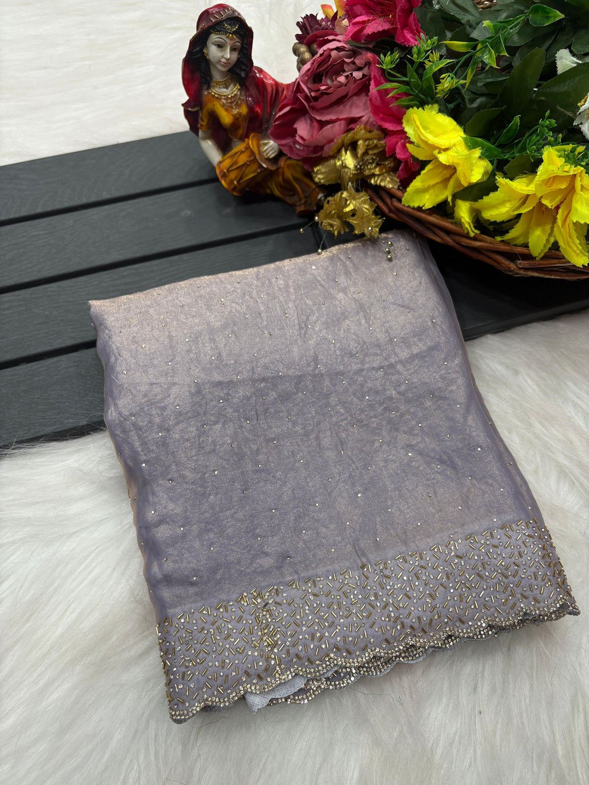 Tamanah Fendi Space Silk Saree with All-Over Jarkhan Work | Running Embroidered Blouse | Designer Party & Festive Wear