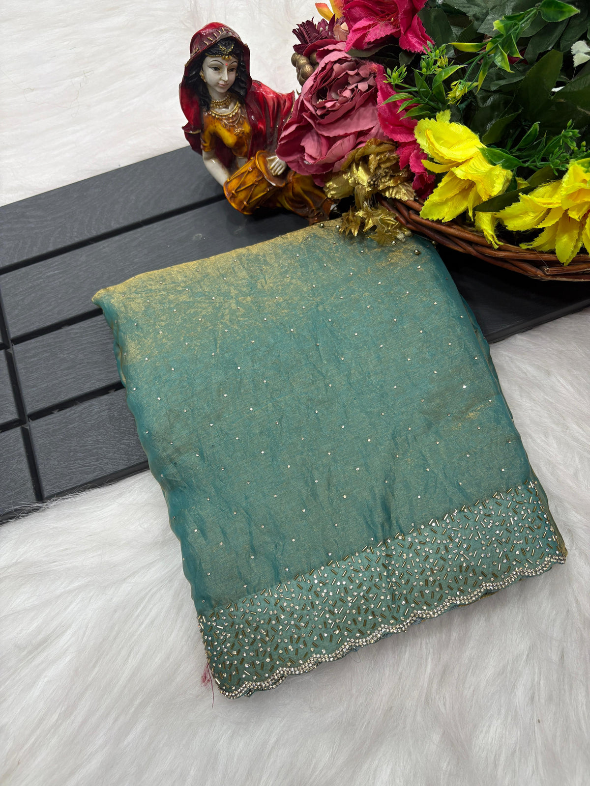 Tamanah Fendi Space Silk Saree with All-Over Jarkhan Work | Running Embroidered Blouse | Designer Party & Festive Wear