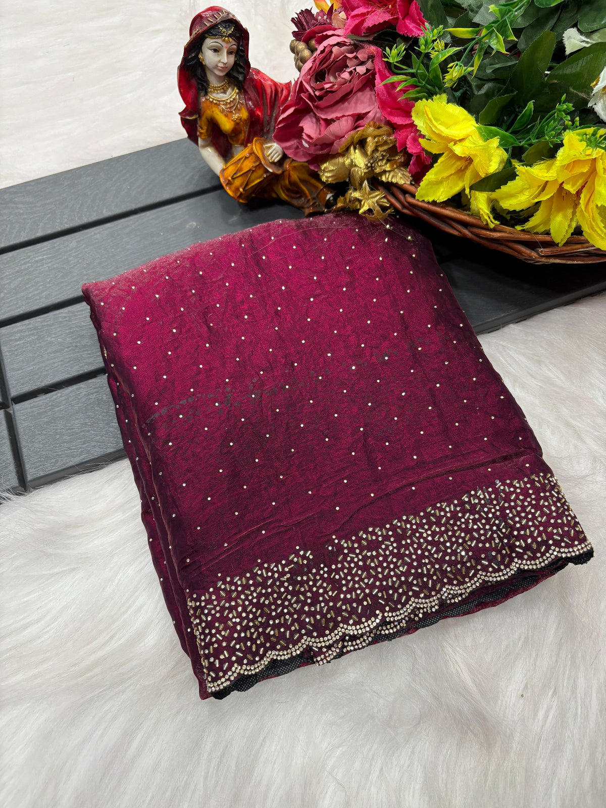 Tamanah Fendi Space Silk Saree with All-Over Jarkhan Work | Running Embroidered Blouse | Designer Party & Festive Wear