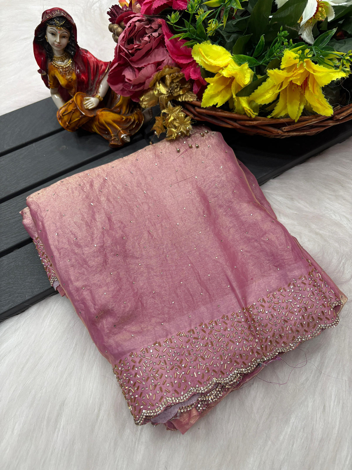 Tamanah Fendi Space Silk Saree with All-Over Jarkhan Work | Running Embroidered Blouse | Designer Party & Festive Wear
