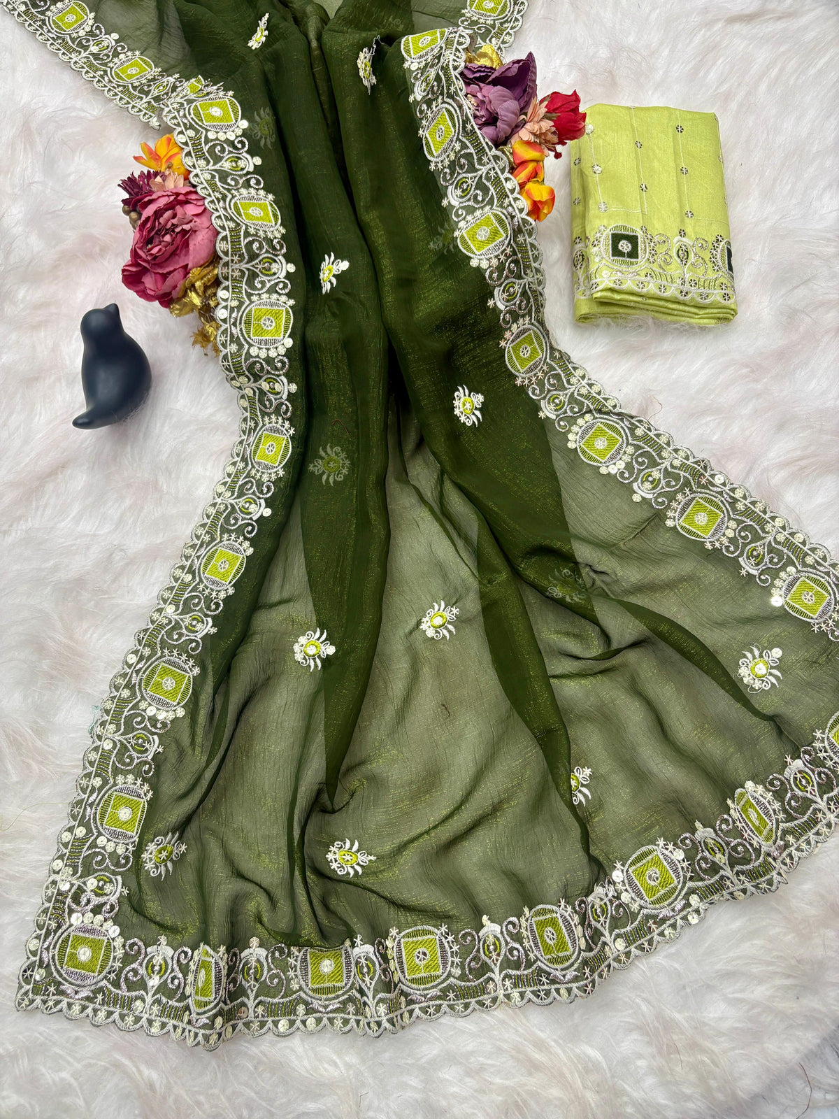 New Arrival Gold Crunchy Saree with All-Over Multi-Sequence Work | C Pallu Concept | Banglori Silk Blouse with Coding Sequence Embroidery