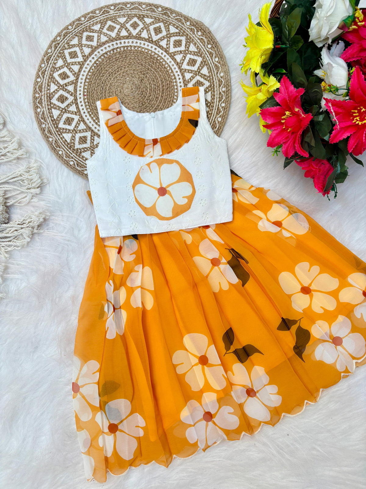 Kids Pure Georgette Lehenga Choli with Sifali Work Blouse & Flower Print | Adjustable Drawstring