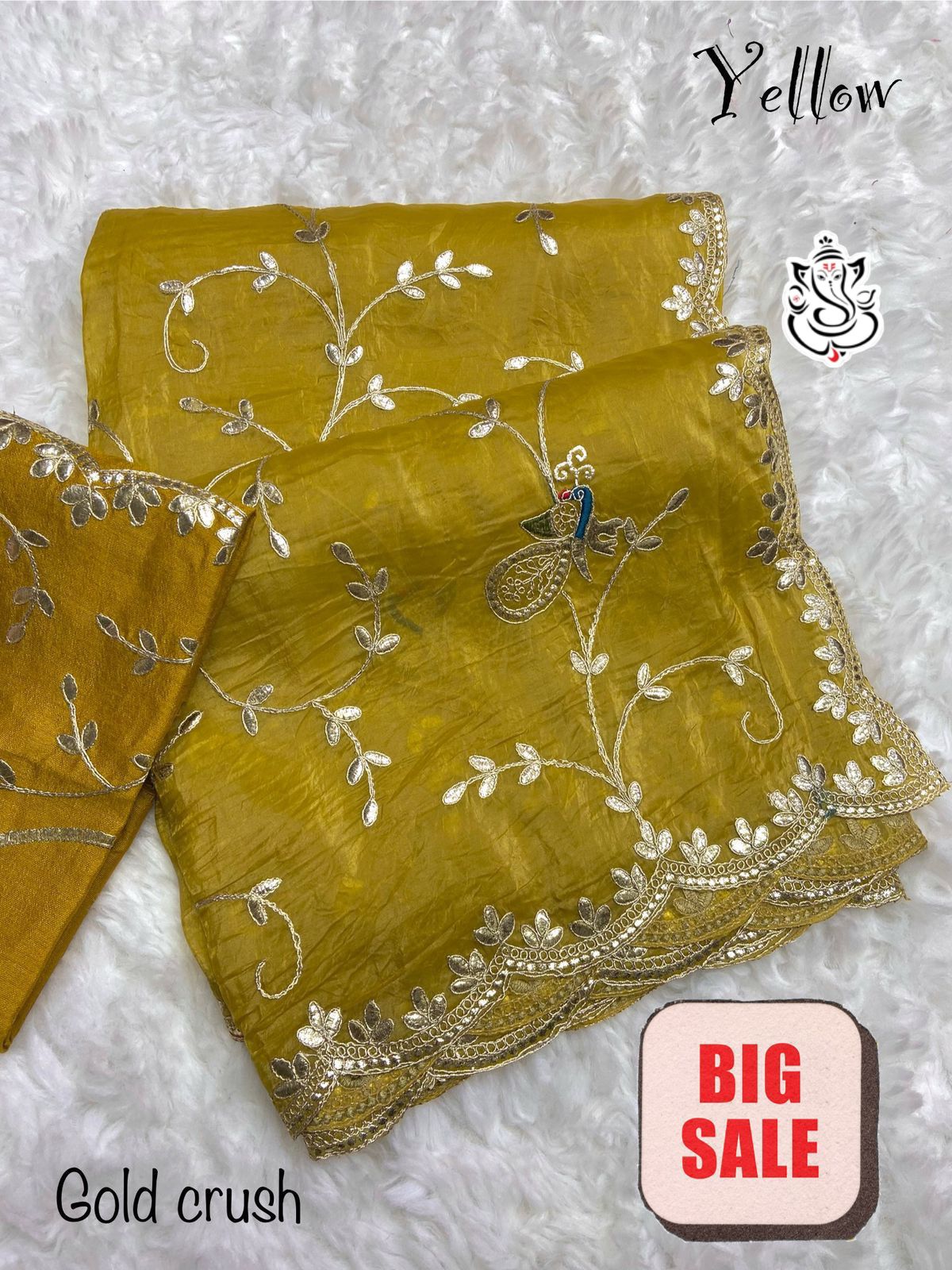 Exclusive Gold Crush Gotapatti Zaal Saree with Peacock Butta & Cutwork Border