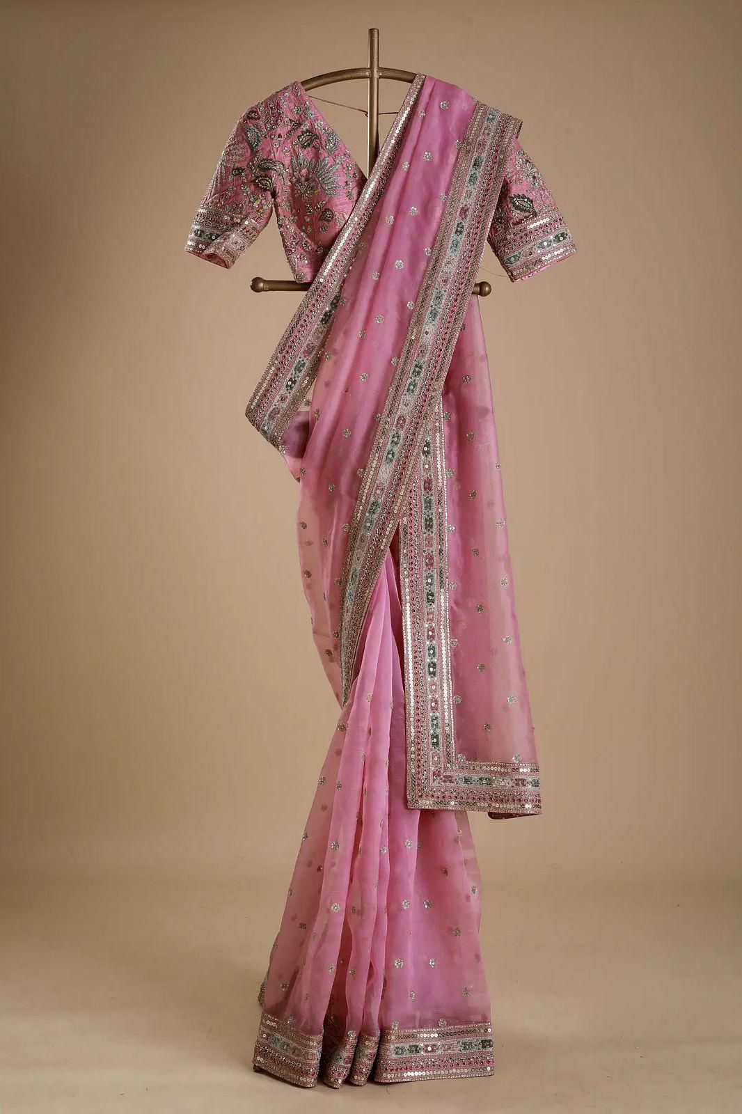 Gulmohar Pure Organza Silk Saree with Multithread Embroidery & Embellished Blouse