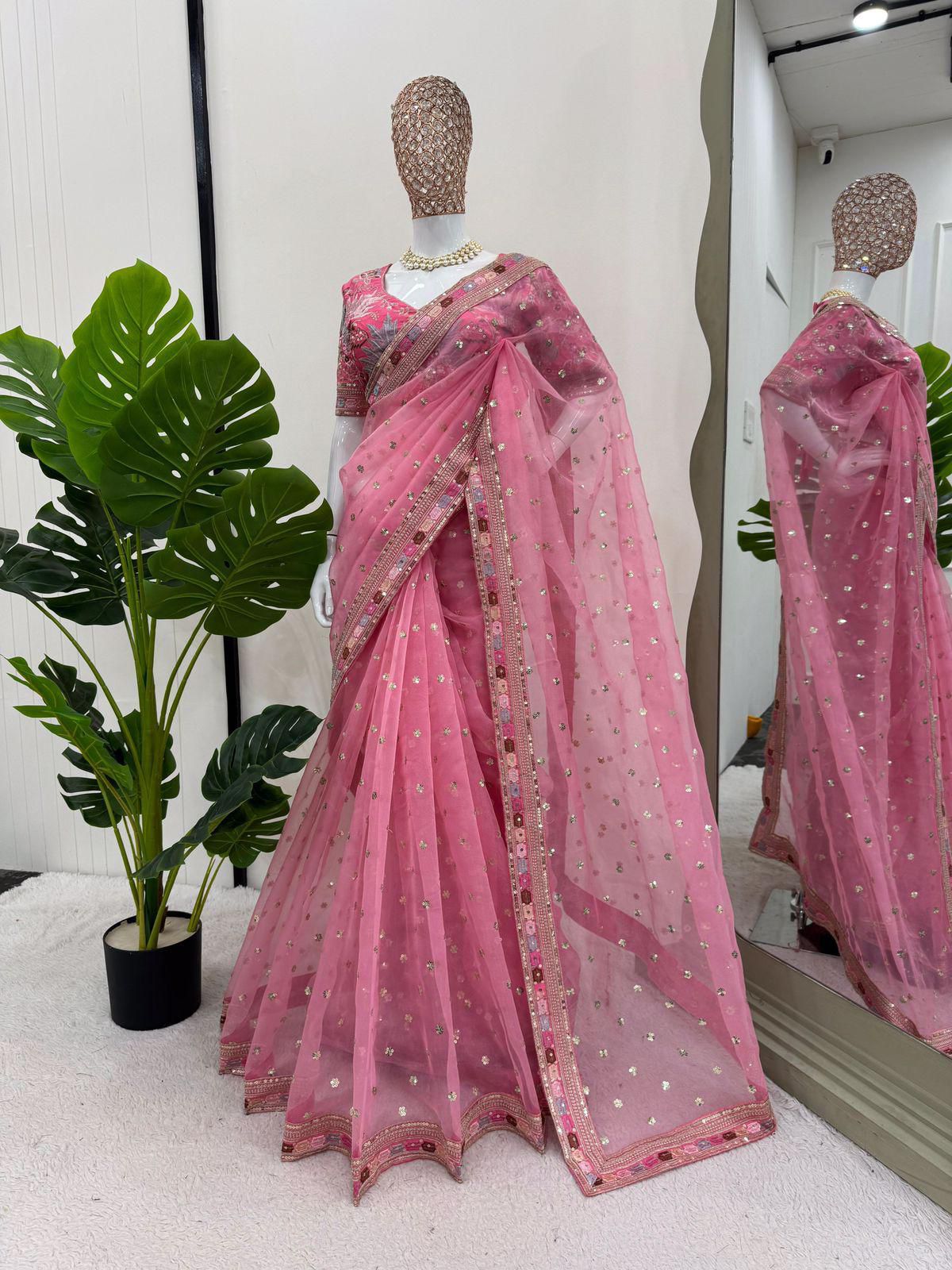 Gulmohar Pure Organza Silk Saree with Multithread Embroidery & Embellished Blouse