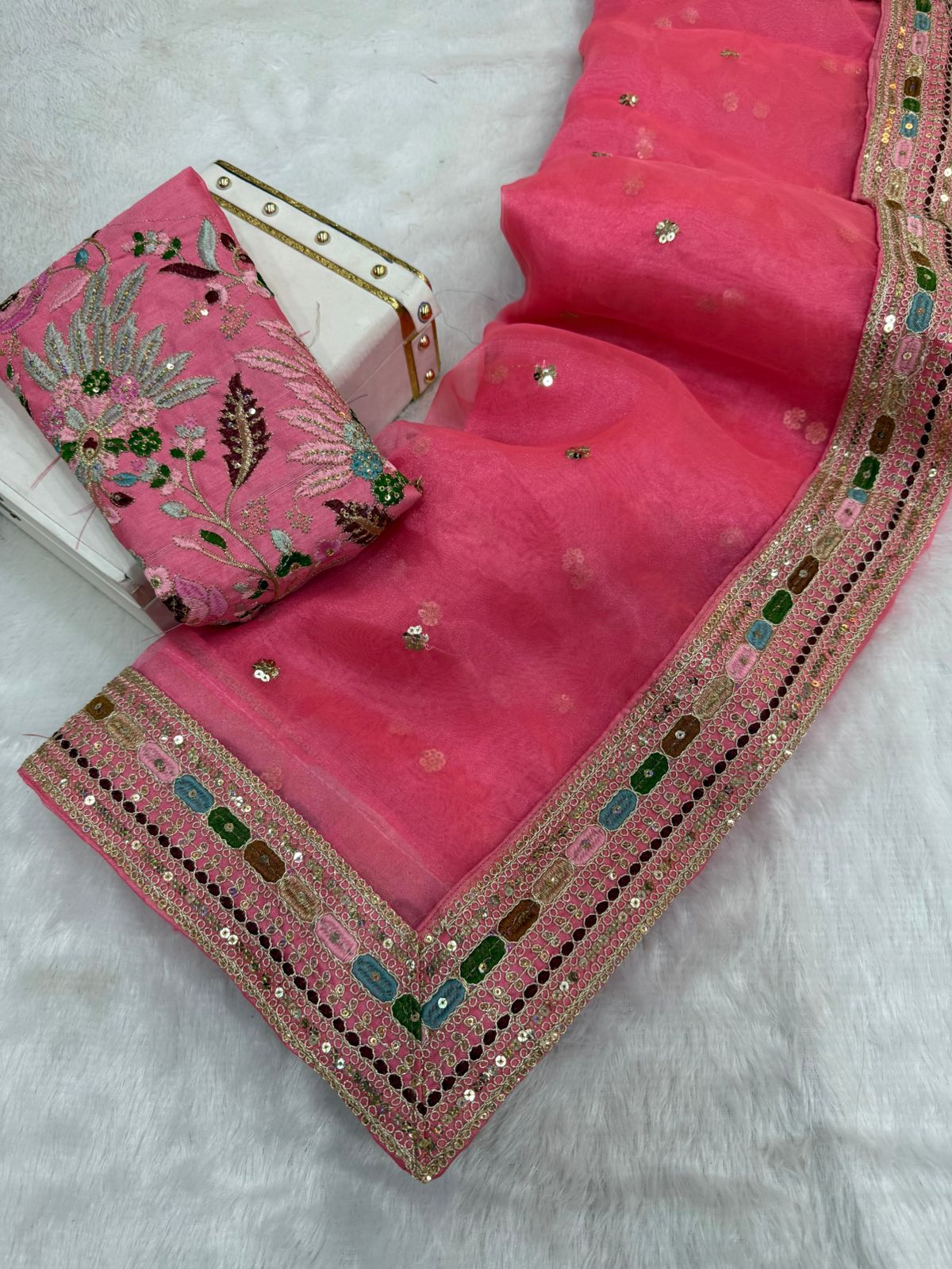 Gulmohar Pure Organza Silk Saree with Multithread Embroidery & Embellished Blouse