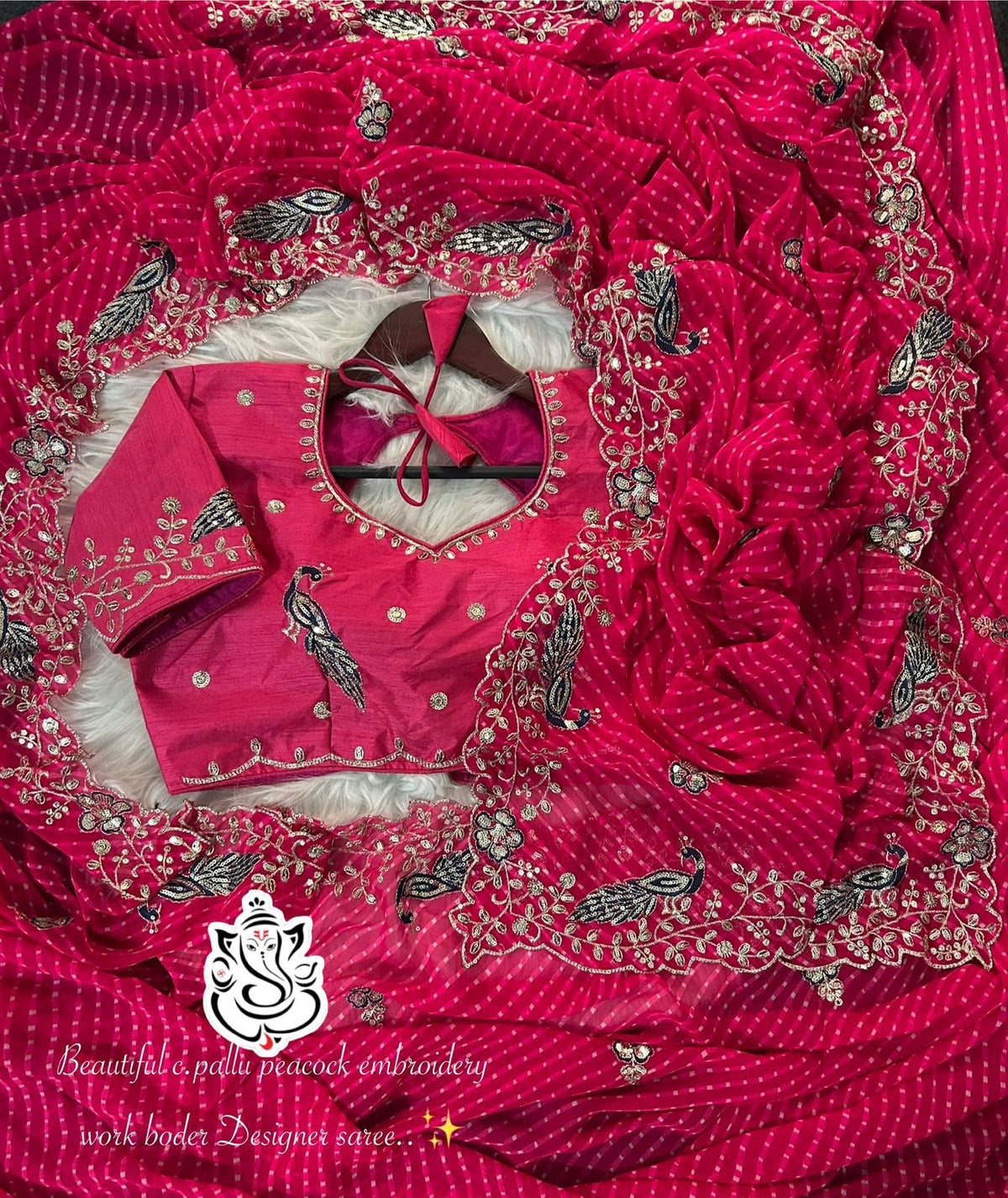 Rani Color Premium Mothra Georgette Saree with Designer Stitched Blouse