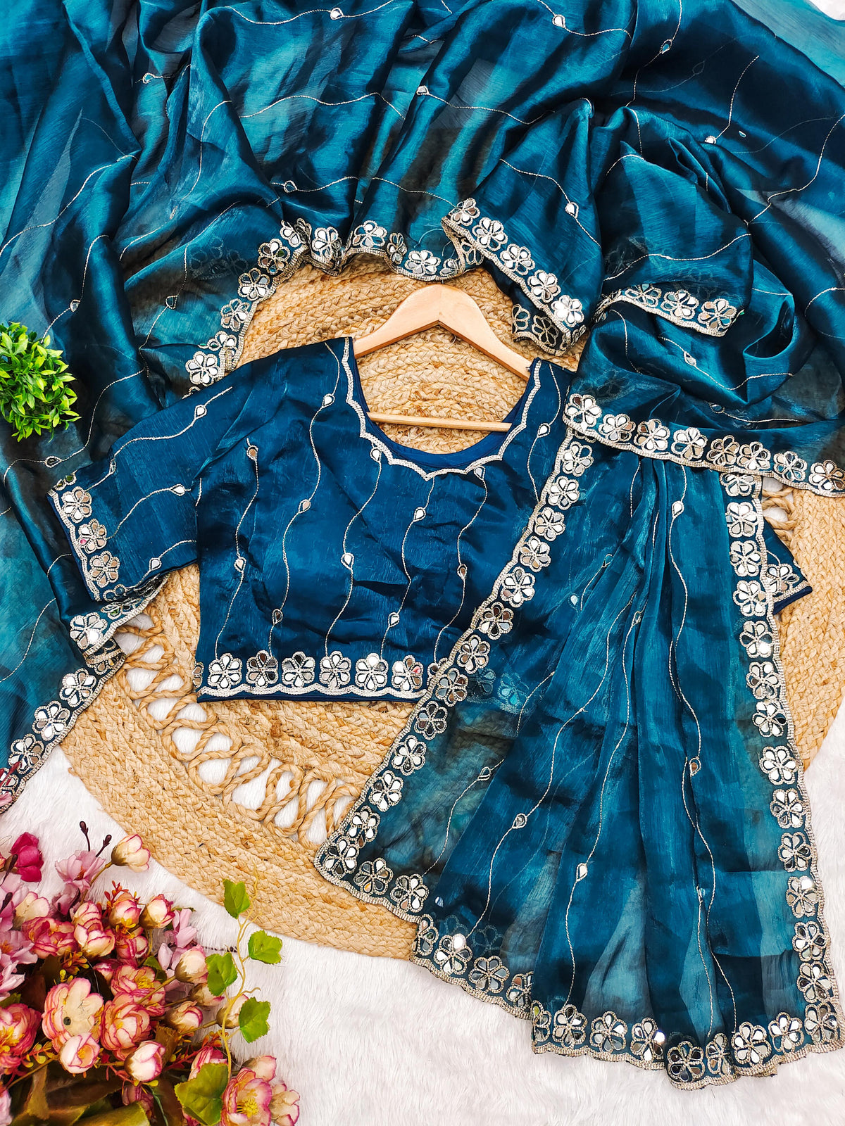 Elegant Burberry Silk Saree with Real Mirror & Embroidery Work