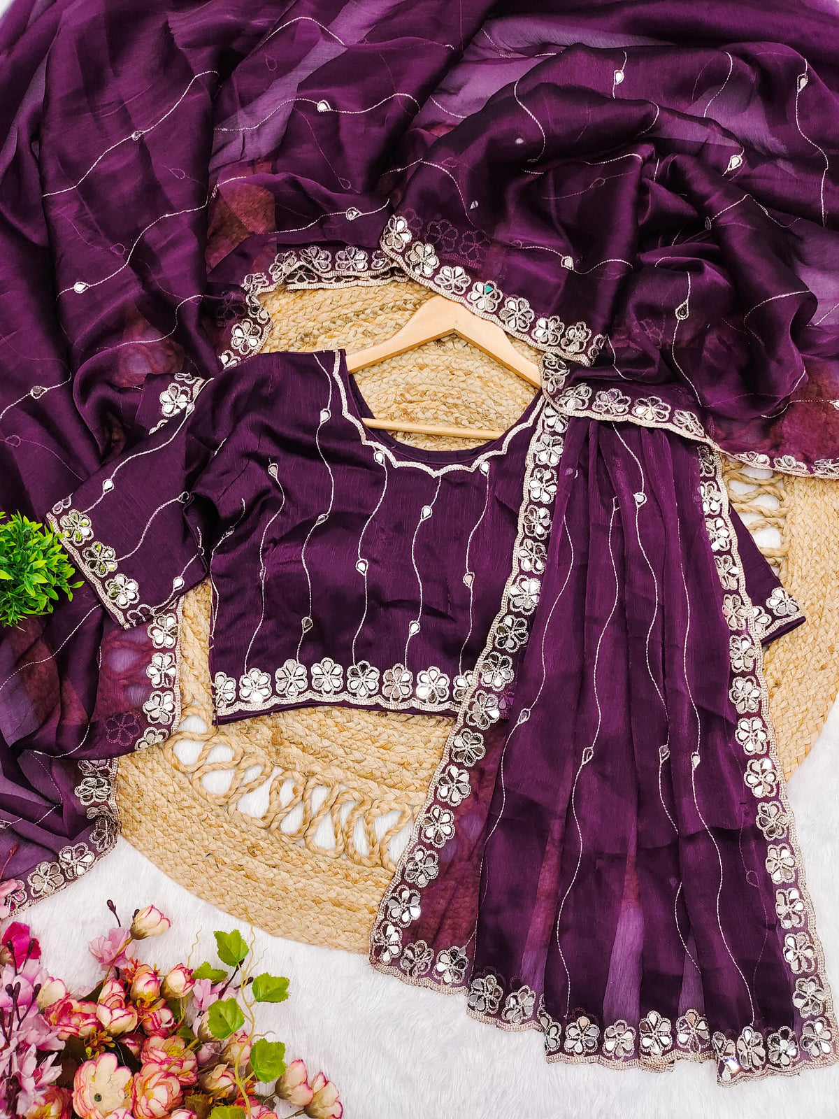 Elegant Burberry Silk Saree with Real Mirror & Embroidery Work