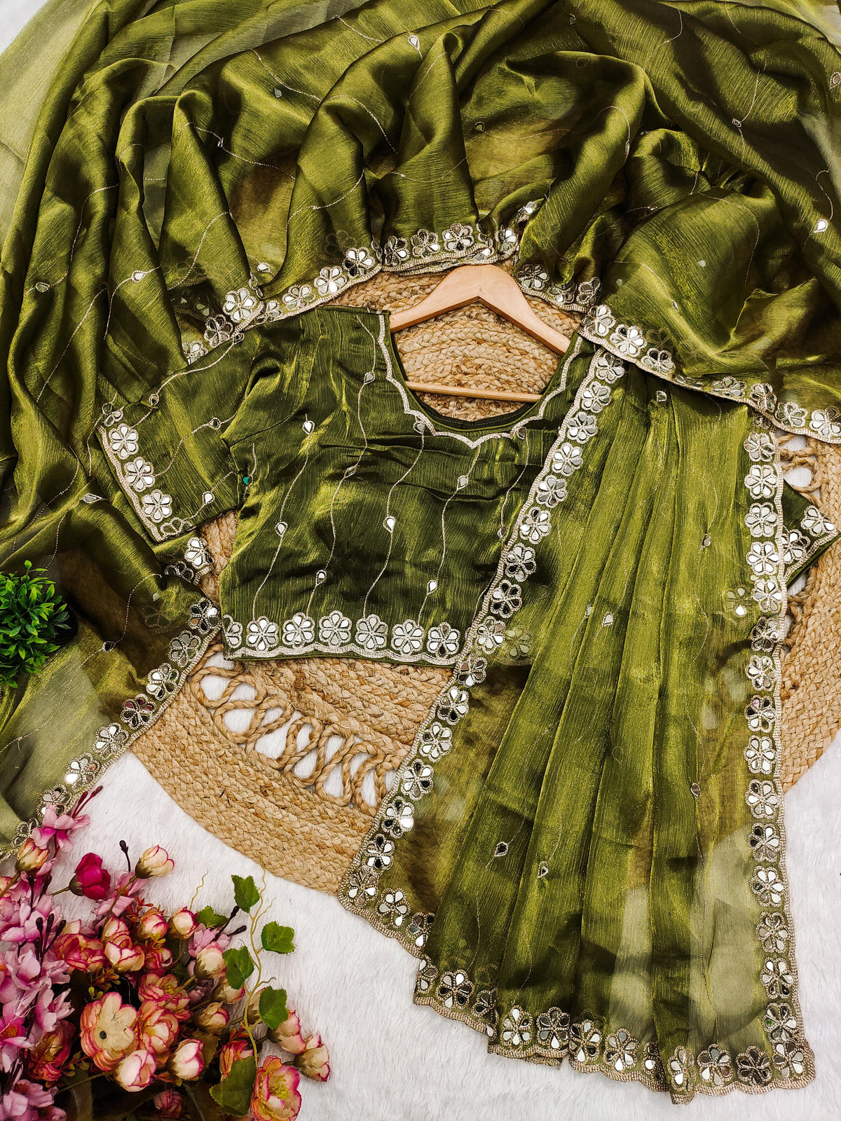 Elegant Burberry Silk Saree with Real Mirror & Embroidery Work
