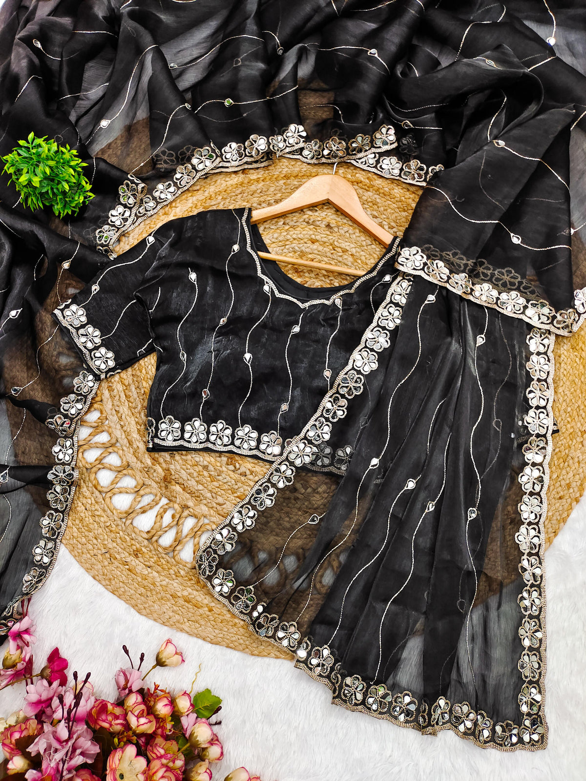 Elegant Burberry Silk Saree with Real Mirror & Embroidery Work