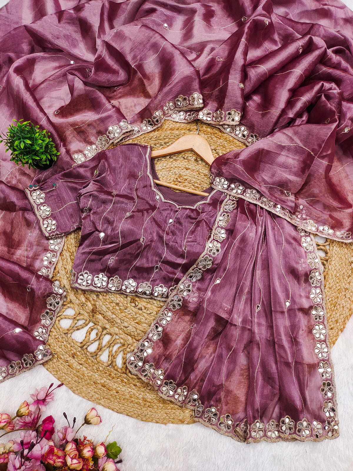 Elegant Burberry Silk Saree with Real Mirror & Embroidery Work