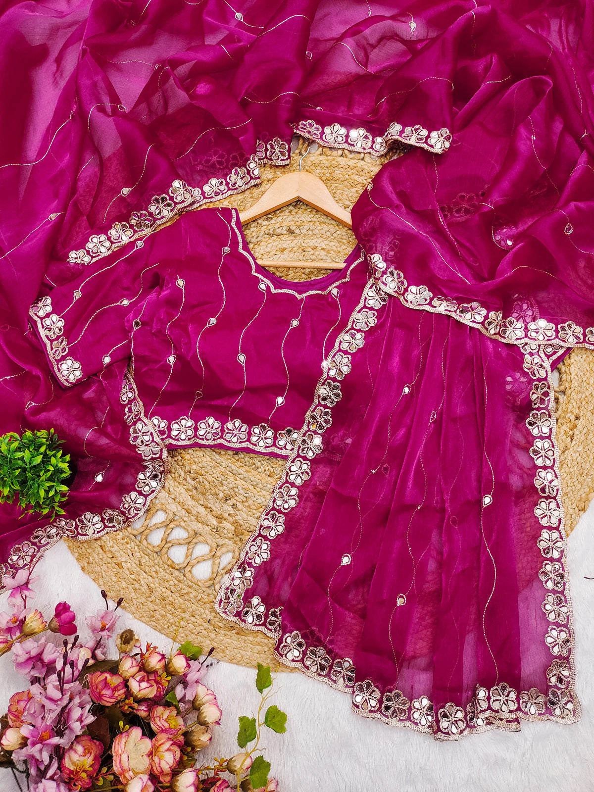 Elegant Burberry Silk Saree with Real Mirror & Embroidery Work