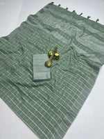 Pure Cotton Linen Saree with Silver Jari Weaving & Tassels