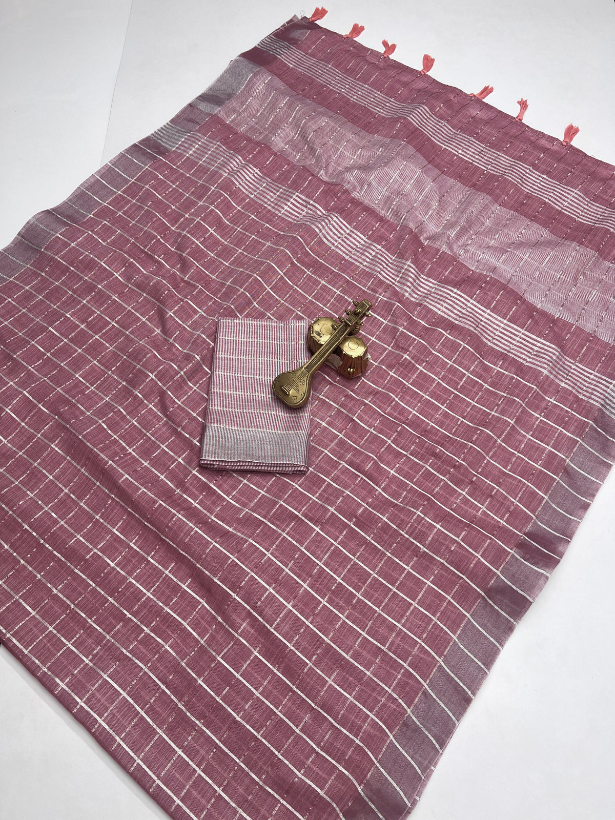 Pure Cotton Linen Saree with Silver Jari Weaving & Tassels