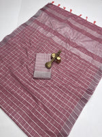 Pure Cotton Linen Saree with Silver Jari Weaving & Tassels