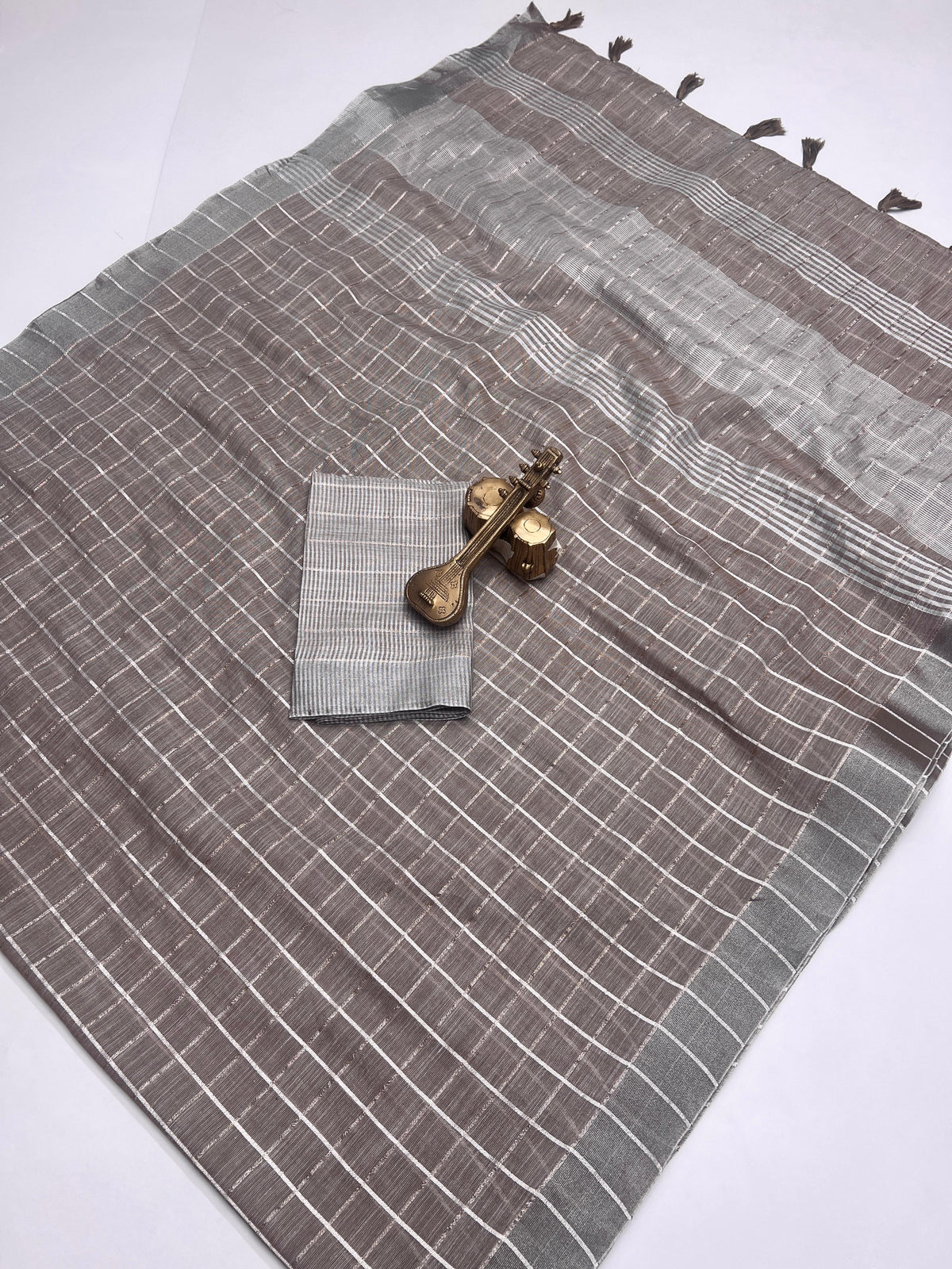Pure Cotton Linen Saree with Silver Jari Weaving & Tassels